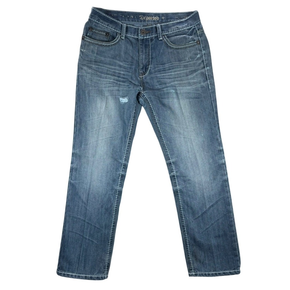 Y2k Departed Jeans Mens 31x30 Denim Medium Wash Blue Jeans Boot Cut Embroidered